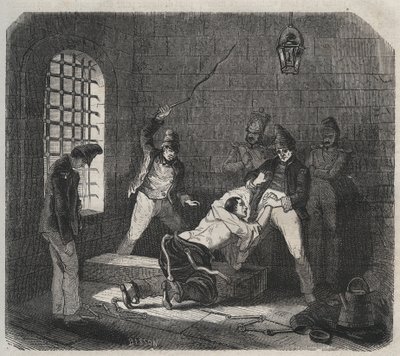 Bagne de Brest: الضرب بالعصا. نقش في "تاريخ المحكوم عليهم منذ إنشائهم حتى يومنا هذا" (1877) لبيير زكون (1817-1895) (كولونيا بينالي - مستعمرة جزائية). مجموعة خاصة. بواسطة مجهول مجهول