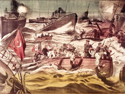 معركة كونفودة (كونفيدا): معركة بحرية دارت في 7 و 8 يناير 1912 ، خلال الحرب الإيطالية التركية (1911-1912) ، في البحر الأحمر ، أمام ميناء كونفودا بالمملكة العربية السعودية. بواسطة مجهول مجهول