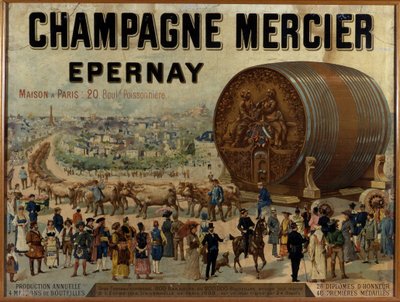 برميل كبير من معروضات الشمبانيا في Expo Universelle de 1889 - ملصق إعلاني لشمبانيا Mercier ، أواخر القرن التاسع عشر بواسطة مجهول مجهول