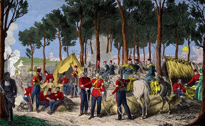 تخييم القوات الروسية والإنجليزية في الشانزليزيه في باريس في يوليو 1815 بعد هزيمة نابليون الأول ، النقش ، المجموعة الخاصة بواسطة مجهول مجهول