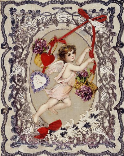 بطاقة عيد الحب - عمل مجهول ، وطباعة حجرية ، وديكوباج ، ودانتيل ورقي وشرائط ، حوالي 1860-1870 - بطاقة عيد الحب ، وسائط مختلطة على اللوحة - مجموعة خاصة بواسطة مجهول مجهول