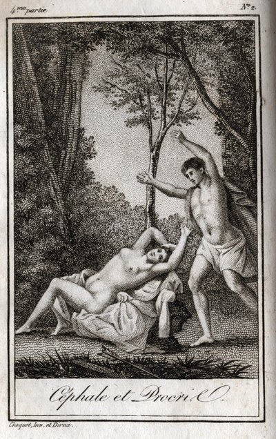 Cephale and Procris (Cephalus) زوجان من العشاق. نقش من عام 1819 في "Lettres a Emilie sur la mythologie" لتشارلز ألبرت ديموستييه (1760-1801). مجموعة خاصة. بواسطة مجهول مجهول