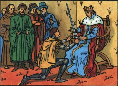 قام تشارلز الخامس الحكيم (1338-1380) بتسليم سيف كونيتابل رسميًا إلى برتراند دو جيسكلين (1320-1380). توضيح مجهول في "" مجموعة ملوك ورؤساء دول فرنسا "". القرن ال 20. مجموعة خاصة. بواسطة مجهول مجهول