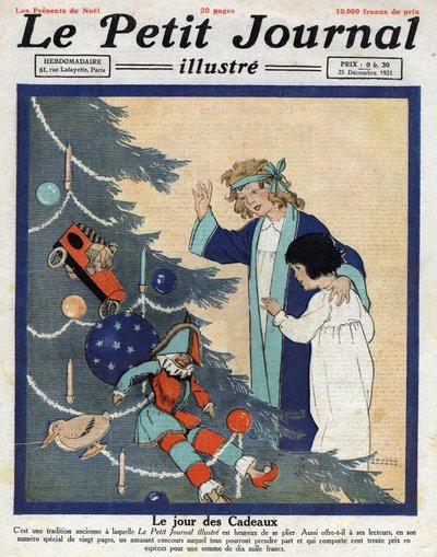 حفلة عيد الميلاد: يكتشف الأطفال الهدايا عند سفح شجرة عيد الميلاد. رسم إيضاحي مأخوذ من "" مجلة Le Petit "" بتاريخ 25/12/1921 من مجموعة Privee بواسطة مجهول مجهول