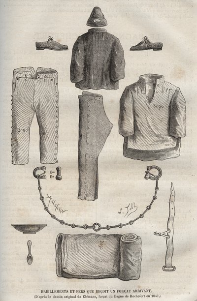 الملابس والمكواة التي تلقتها القوة التي وصلت إلى Bagne de Rochefort في القرن التاسع عشر (من الرسم الأصلي لـ Clemans ، forcat du bagne في عام 1840). نقش في "تاريخ المحكوم عليهم منذ إنشائهم حتى يومنا هذا" (1877) بقلم بيير زكون (18 بواسطة مجهول مجهول