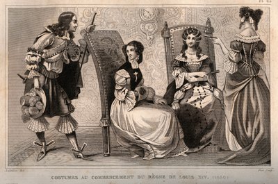 Costumes at the beginning of the regne of Louis XIV (1650). Engraving from 1859 in “” Le Monde. History of all peoples from the most remote times to the present day”. by M. E. de Lostalot-Bachoue (Lostalot Bachoue). Private collection. بواسطة مجهول مجهول