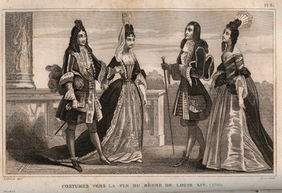 أزياء نهاية عهد الملك لويس الرابع عشر (1710). نقش من 1859 في "" لوموند. تاريخ جميع الشعوب من أبعد الأوقات حتى يومنا هذا ". بواسطة ME de Lostalot-Bachoue (Lostalot Bachoue). مجموعة خاصة. بواسطة مجهول مجهول