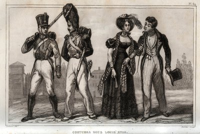 أزياء في عهد لويس الثامن عشر. نقش من 1859 في "" لوموند. تاريخ جميع الشعوب من أبعد الأوقات حتى يومنا هذا ". بواسطة ME de Lostalot-Bachoue (Lostalot Bachoue). مجموعة خاصة. بواسطة مجهول مجهول