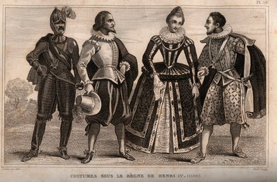 أزياء تحت حكم هنري الرابع (1590). نقش من عام 1859 في "" لوموند. تاريخ جميع الشعوب من أبعد الأوقات حتى يومنا هذا ". بواسطة M. E. de Lostalot-Bachoue (Lostalot Bachoue). مجموعة خاصة. بواسطة مجهول مجهول