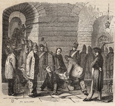 اقتران في Rochefort bagne في القرن التاسع عشر. نقش في "تاريخ المحكوم عليهم منذ إنشائهم حتى يومنا هذا" (1877) لبيير زكون (1817-1895) (كولونيا بينالي - مستعمرة جزائية). مجموعة خاصة. بواسطة مجهول مجهول