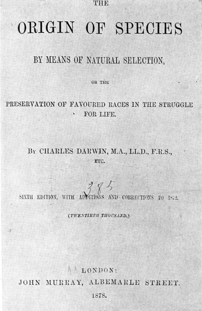 صفحة الغلاف لكتاب "أصل الأنواع" للكاتب تشارلز داروين (1809 - 1882). طبعة عام 1878. بواسطة مجهول مجهول