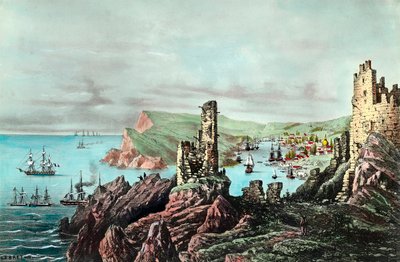 حرب القرم: منظر لميناء بالاكلافا في كريمي. نقش حوالي 1854-1855. مجموعة خاصة بواسطة مجهول مجهول