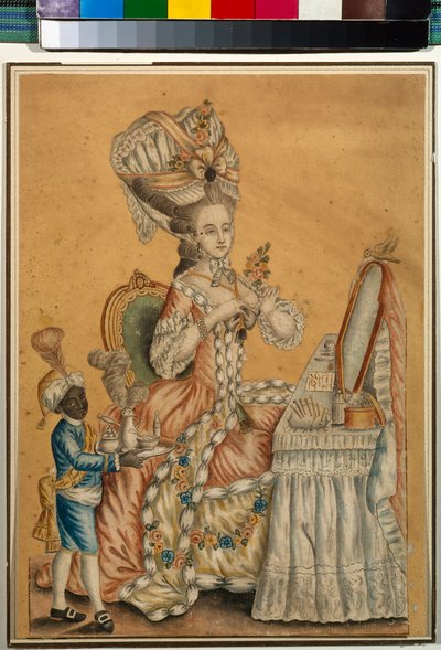 سيدة في مرحاض مع صبي أسود - عمل مجهول ، ألوان مائية على ورق حوالي عام 1770 (29.2 × 21.2 سم) - معرض الدولة تريتياكوف ، موسكو بواسطة مجهول مجهول