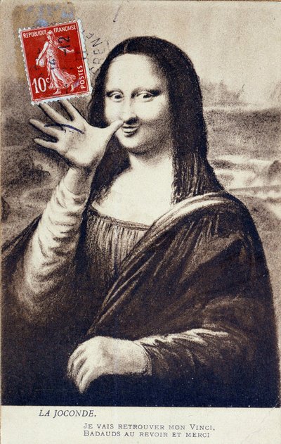 تمثيل الموناليزا "" الموناليزا "" لليوناردو دافنشي (ليوناردو دافنشي) (1452-1519): تحية الموناليزا (الموناليزا) للإشارة إلى مغادرتها للعثور على "فينشي". بطاقة بريدية كوميديا تم تحريرها في وقت سرقة عمل فينتشنزو بير بواسطة مجهول مجهول