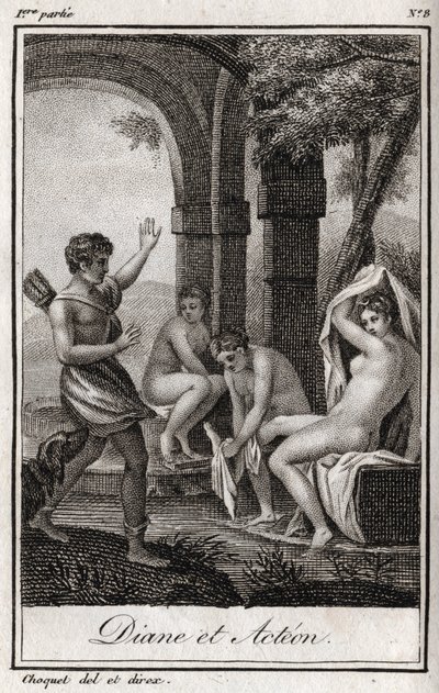 ديان وأكتيون (ديانا وأكتايون) تفاجأت ديان بالصياد أكتيون في الحمام. نقش من عام 1819 في "Lettres a Emilie sur la mythologie" لتشارلز ألبرت ديموستييه (1760-1801). مجموعة خاصة. بواسطة مجهول مجهول