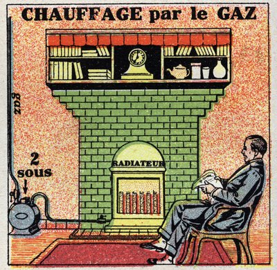 التدفئة المنزلية: تسخين الغاز. رسم توضيحي مجهول من عام 1925. مجموعة خاصة. بواسطة مجهول مجهول