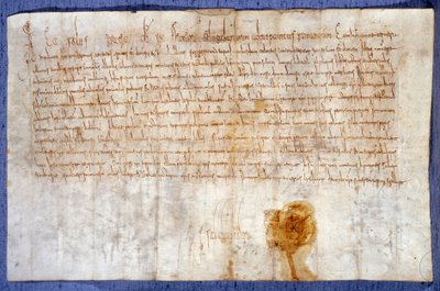 تبرع الملك شارلمان (تشارلز الأول ، تشارلز الكبير أو كارولوس ماغنوس) (742-814) من نطاقات لوزارش وموسي إلى دير القديس دينيس في 25/2/775. المحفوظات الوطنية باريس بواسطة مجهول مجهول