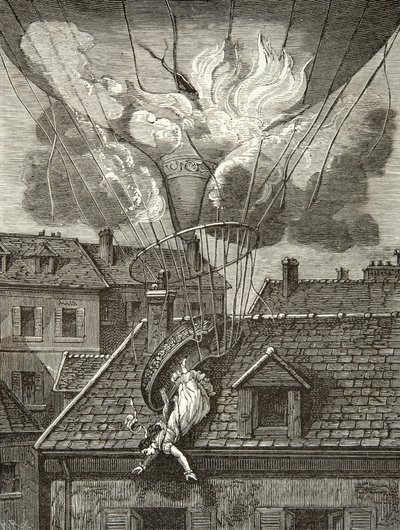 الموت الدرامي للسيدة صوفي بلانشارد (1778-1819) ، طيار في 6 يوليو 1819 فوق حدائق تيفولي في باريس ، نقش ، مجموعة خاصة بواسطة مجهول مجهول