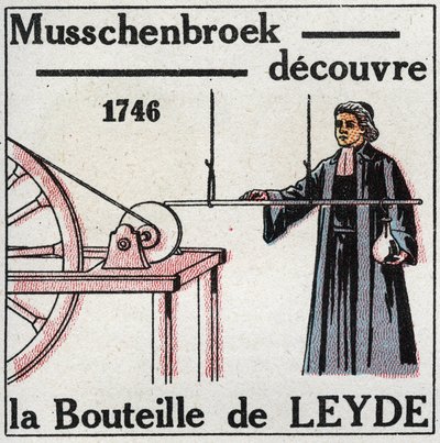 المكثفات الكهربائية: اكتشف بيتر (بيتروس ، بيير) فان موشنبروك (1692-1761) زجاجة ليدن ، سلف المكثف ، في عام 1746. رسم مجهول من عام 1925. مجموعة خاصة. بواسطة مجهول مجهول