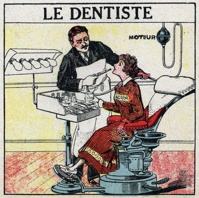 الأدوات الكهربائية: طبيب الأسنان. رسم توضيحي مجهول عام 1925. مجموعة خاصة. بواسطة مجهول مجهول
