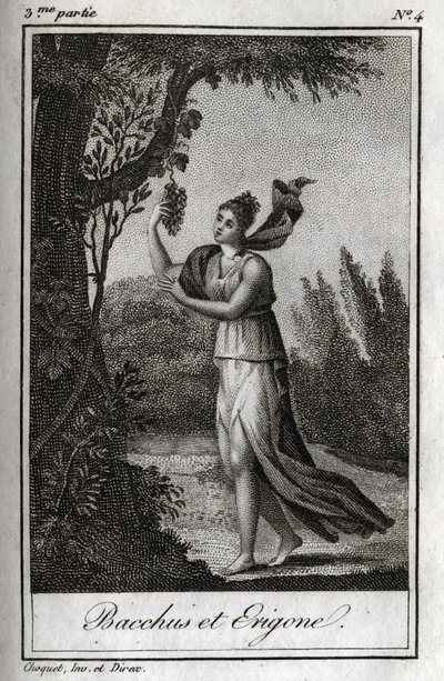 إيريجو وباخوس ، نقش عام 1819 في "Lettres a Emilie sur la mythologie" لتشارلز ألبرت ديموستييه (1760-1801). مجموعة خاصة. بواسطة مجهول مجهول