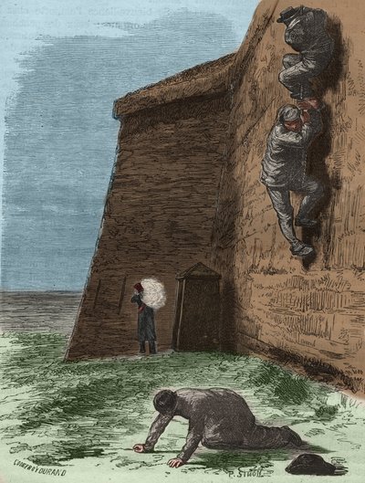 الهروب من bagne de Rochefort في القرن التاسع عشر. نقش في "تاريخ المحكوم عليهم منذ إنشائهم حتى يومنا هذا" (1877) لبيير زكون (1817-1895) (كولونيا بينالي - مستعمرة جزائية). مجموعة خاصة. بواسطة مجهول مجهول