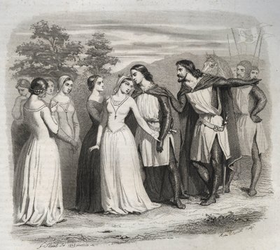 وداعًا للقديسة إليزابيث الهنغارية (تورينغيا) (1207-1231) لزوجها لويس الرابع ملك تورنغن (1200-1227) ، مغادرًا للحملة الصليبية السادسة عام 1227. نقش من عام 1846 في "" حياة القديسين ". مجموعة خاصة. بواسطة مجهول مجهول