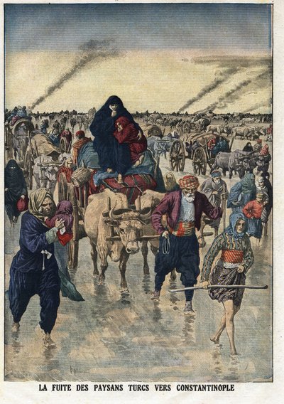 حرب البلقان الأولى: هروب الفلاحين الأتراك إلى القسطنطينية. رسم إيضاحي مأخوذ من "" Le Petite Journal "" 24/11/1912 مجموعة خاصة. بواسطة مجهول مجهول