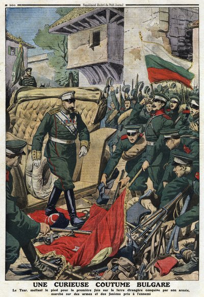حرب البلقان الأولى (البلقان): القيصر فرديناند الأول لبلغاريا (1861-1948) يسير على أراض أجنبية غزاها جيشه في مصطفى باشا (مصطفى باشا) ، والآن فرديناندوفو ، بيتين أسلحة وشعارات الأعداء "" " ذا ليتل جورنال "" بواسطة مجهول مجهول