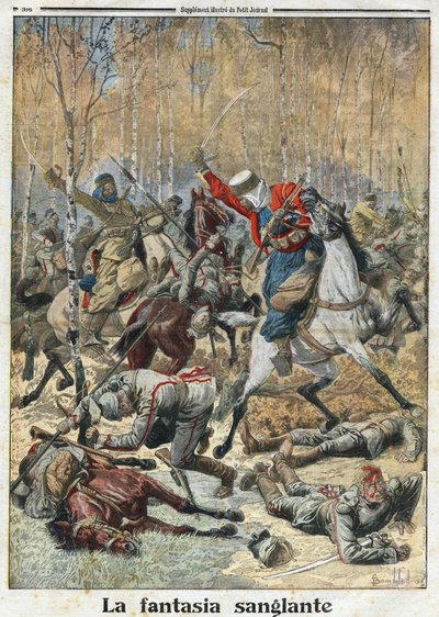 الحرب العالمية الأولى 1914-1918 (14-18): "الفنتازيا الدموية". في الغابة ، قاتلت مجموعة من ثلاثين من الفرسان الألمان بحربة من قبل ثمانية جزائريين منتصرين. نقش في "" لو بيتيت جورنال "بتاريخ 28/11/1915. مجموعة خاصة. بواسطة مجهول مجهول