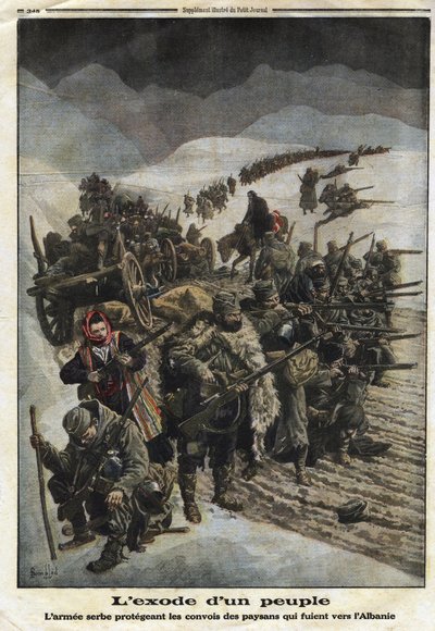 الحرب العالمية الأولى 1914-1918 (14-18): "خروج شعب". يحمي الجيش الصربي قوافل الفلاحين الفارين من صربيا إلى ألبانيا. نقش في "" لو بيتيت جورنال "بتاريخ 26/12/1915. مجموعة خاصة. بواسطة مجهول مجهول