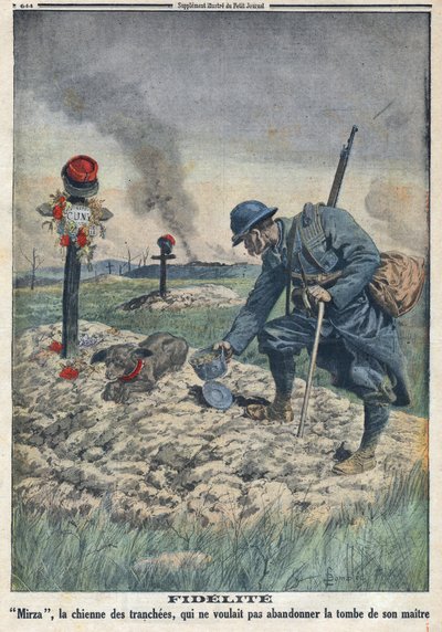 الحرب العالمية الأولى 1914-1918 (الحرب 14-18). كلب يرفض التخلي عن قبر سيدها الميت في الخندق. فى "" لو بيتيت جورنال "فى 10/9/1916. مجموعة خاصة بواسطة مجهول مجهول