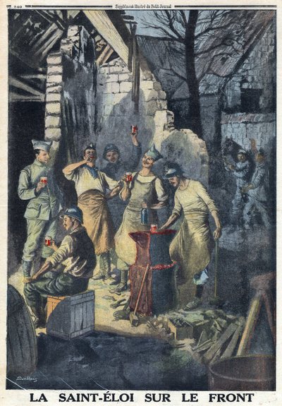 الحرب العالمية الأولى 1914-1918 (الحرب 14-18). الاحتفال بسانت إلوي (سان إلوي) بالجنود على الجبهة. جميعهم يشربون كأسًا من النبيذ الأحمر للحفلة. في "" لو بيتيت جورنال "بتاريخ 3/12/1916. مجموعة خاصة بواسطة مجهول مجهول