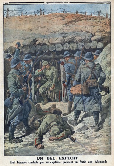 الحرب العالمية الأولى 1914-1918 (الحرب 14-18). استولى ثمانية جنود من الجيش الفرنسي بقيادة نقيب على حصن من الألمان. في "" Le Petité Journal "بتاريخ 3/9/1916. مجموعة خاصة بواسطة مجهول مجهول