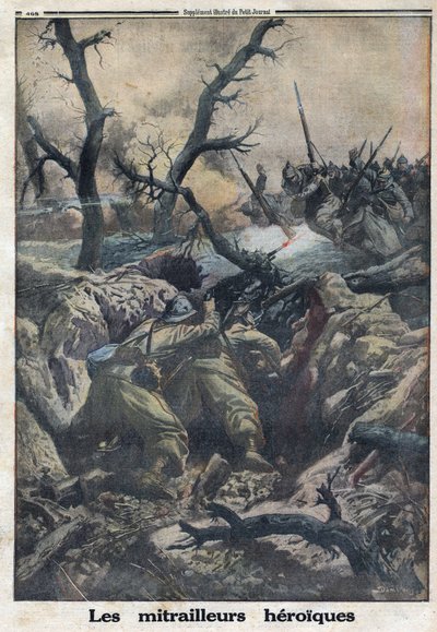 الحرب العالمية الأولى 1914-1918 (الحرب 14-18). مدفع رشاش فرنسي يطلق النار على هجوم عسكري ألماني. في "" لو بيتيت جورنال "بتاريخ 9/4/1916. مجموعة خاصة بواسطة مجهول مجهول