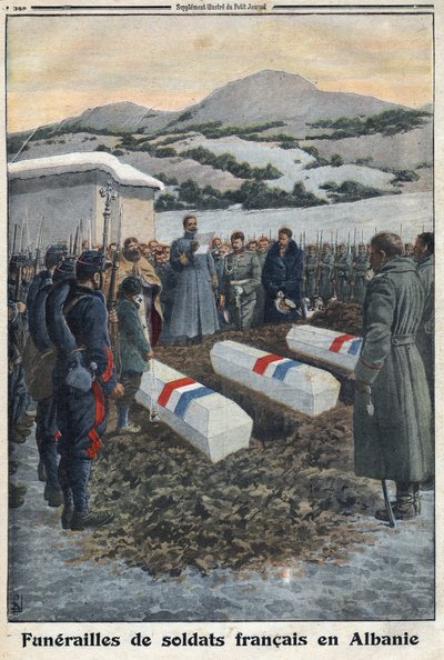 الحرب العالمية الأولى 1914-1918 (الحرب 14-18). تشييع جنازة جنود فرنسيين في ألبانيا. في "" Le Petite Journal " بواسطة مجهول مجهول