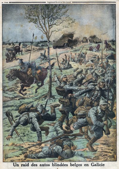 الحرب العالمية الأولى 1914-1918 (الحرب 14-18). غارة على السيارات البلجيكية في غاليسيا. في "" لو بيتيت جورنال "بتاريخ 29/10/1916. مجموعة خاصة بواسطة مجهول مجهول