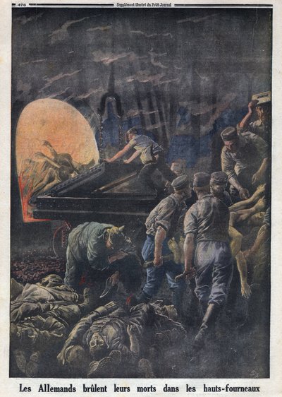 الحرب العالمية الأولى 1914-1918 (الحرب 14-18). يحرق الألمان الجنود القتلى في الأفران. فى "" Le Petite Journal "فى 23/4/1916. مجموعة خاصة بواسطة مجهول مجهول
