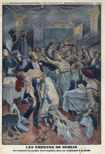 الحرب العالمية الأولى 1914-1918 (الحرب 14-18). تقتحم نساء الشعب مطعمًا أنيقًا ويطالبن بعودة أزواجهن. فى "" لو بيتيت جورنال "فى 16/1/1916. مجموعة خاصة بواسطة مجهول مجهول