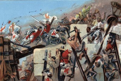 الحملة الصليبية الأولى (1096-1099): احتلال الكروس بقيادة جودفروي (جودفروي) لبويلون (1061-1100) في 15 يوليو 1099. الإعلان عن الطباعة الحجرية الملونة لشوكولاتة أنطوان في بروكسل ، بداية القرن العشرين. مجموعة خاصة بواسطة مجهول مجهول