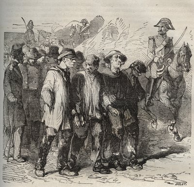 Forcats في مسيرة في Bagne de Rochefort في القرن التاسع عشر. نقش في "تاريخ المحكوم عليهم منذ إنشائهم حتى يومنا هذا" (1877) لبيير زكون (1817-1895) (كولونيا بينالي - مستعمرة جزائية). مجموعة خاصة. بواسطة مجهول مجهول