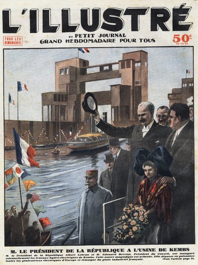 الصناعة الفرنسية: افتتح ألبرت ليبرون (1871-1950) ، رئيس الجمهورية وإدوارد هيريوت (1872-1957) ، رئيس المجلس محطة الطاقة الكهرومائية في كيمبس في أوت رين (أوت رين) في الألزاس. نقش عنوان "" L'illustriou بواسطة مجهول مجهول
