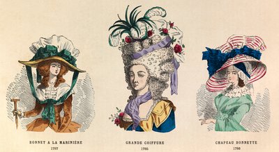 من اليسار إلى الغراب: Hat a la mariniere عام 1787 ؛ تصفيفة الشعر غراندي في عام 1785 وهات بونيت في عام 1786 - مجموعة خاصة بواسطة مجهول مجهول