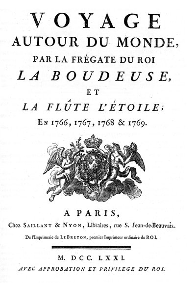 واجهة الكتاب لعام 1771 من كتاب "رحلة حول العالم" par la frigate du roi la boudeuse et la flute L'Etoile EN 1766،1767،1768،1769 "" كتبها لويس أنطوان ، كومت دي بوغانفيل (1729 - 1811) الملاح الفرنسي . بواسطة مجهول مجهول