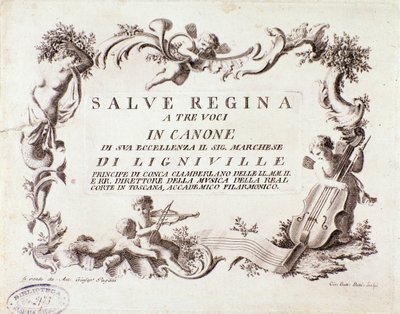 مقدمة من الدرجة الموسيقية لترنيمة Salve Regina لثلاثة أصوات لماركيز من Ligneville (1768) بواسطة مجهول مجهول