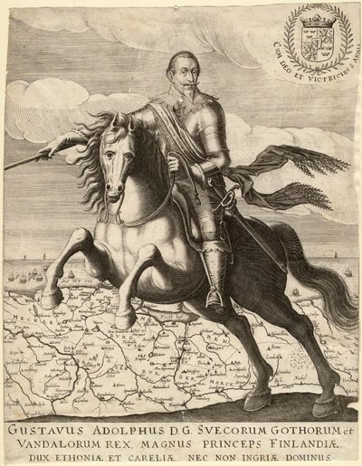 غوستافوس الثاني أدولفوس ، المعروف باسم الأسد العظيم أو أسد الشمال (1594-1632) ، ملك السويد ، يركب خريطة بوميرانيا - غوستافوس أدولفوس قبل خريطة بوميرانيا في الخلفية - مجهول - 1630 - نقش على النحاس - 30.4 × 23 ، 9 - مجموعة خاصة بواسطة مجهول مجهول