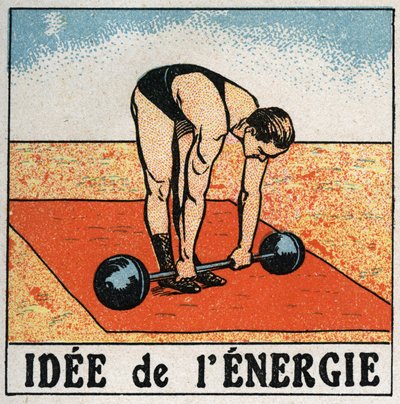فكرة الطاقة: رياضي يرفع الأثقال. رسم توضيحي مجهول عام 1925. مجموعة خاصة. بواسطة مجهول مجهول