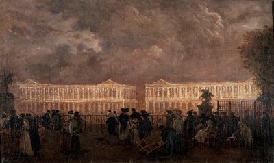 إضاءة Place Louis XV (الآن Place de la Concorde) في باريس عام 1782 على اليسار ، فندق Crillon الحالي وعلى اليمين ، فندق Hotel de la Marine (Hotel du Garde Meuble). لوحة مجهولة بواسطة مجهول مجهول