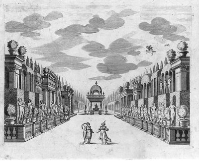 رسم توضيحي للمشهد 4 من الفصل الثاني للأوبرا في 5 أعمال "" Bellerofonte "" لفرانشيسكو ساكراتي. ديكور جاكوبو توريلي بواسطة مجهول مجهول