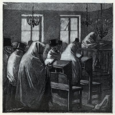 الأعياد اليهودية: المؤمنون أثناء الصلاة داخل المصلى أثناء الأعياد. نقش في "Le monde illustree" عام 1892. مجموعة خاصة. بواسطة مجهول مجهول